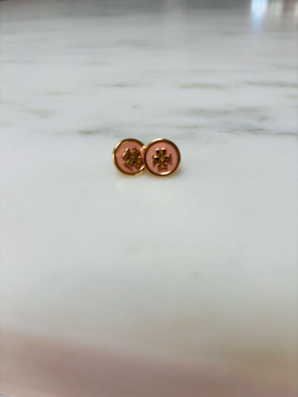 Tory Burch Pink Enamel Logo Studs with Gold Trim